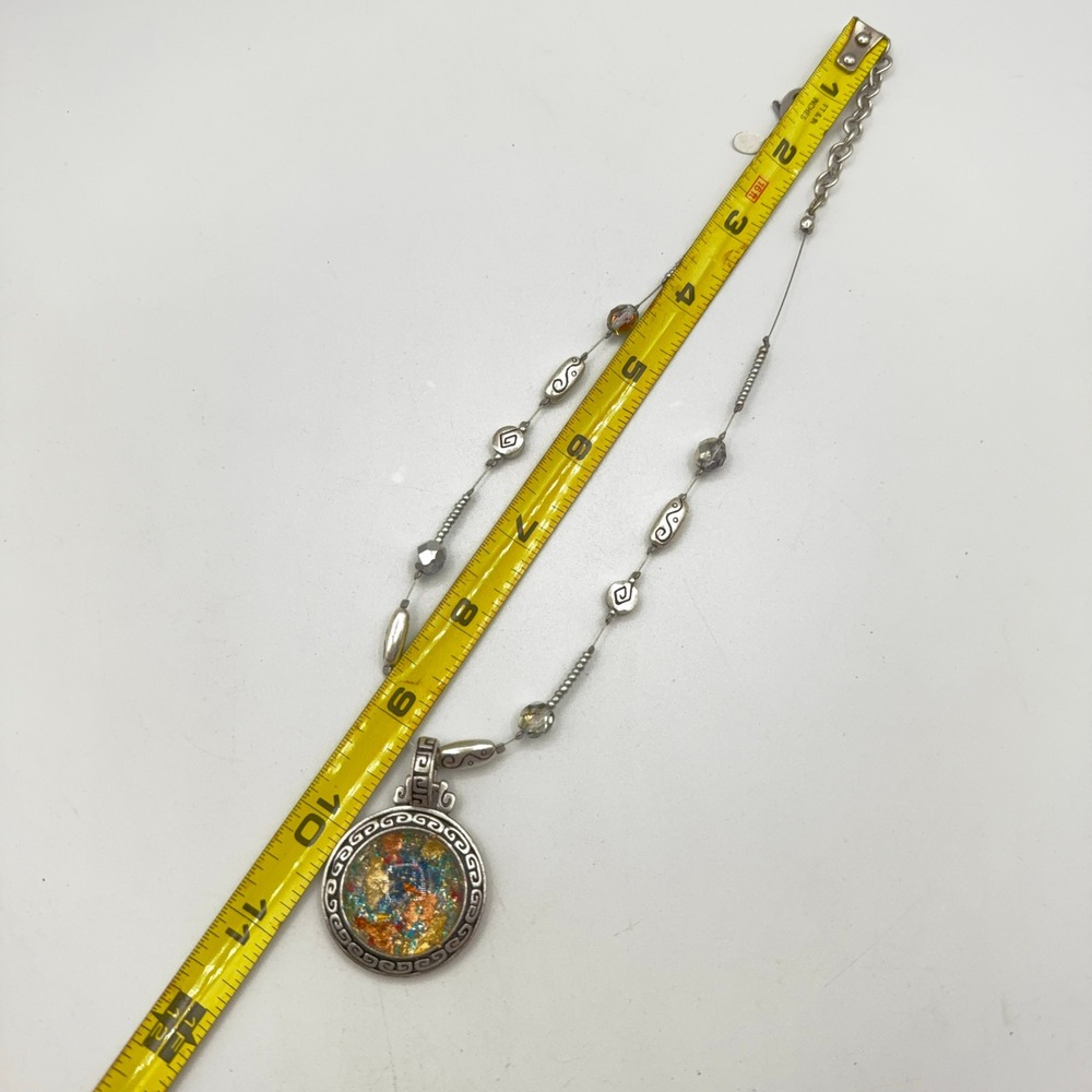 Chico's Pendant Necklace Silver Tone Multicolor Mosaic Foil Earthy Boho Artsy - Picture 11 of 13